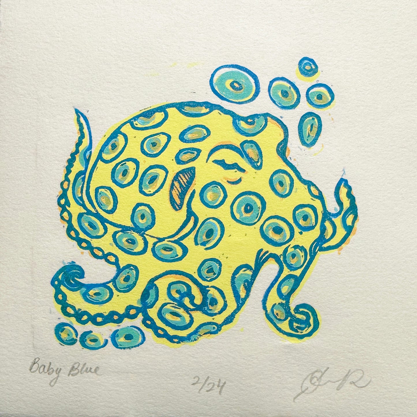 “Baby Blue" Original Linocut Print by Olive Roberts