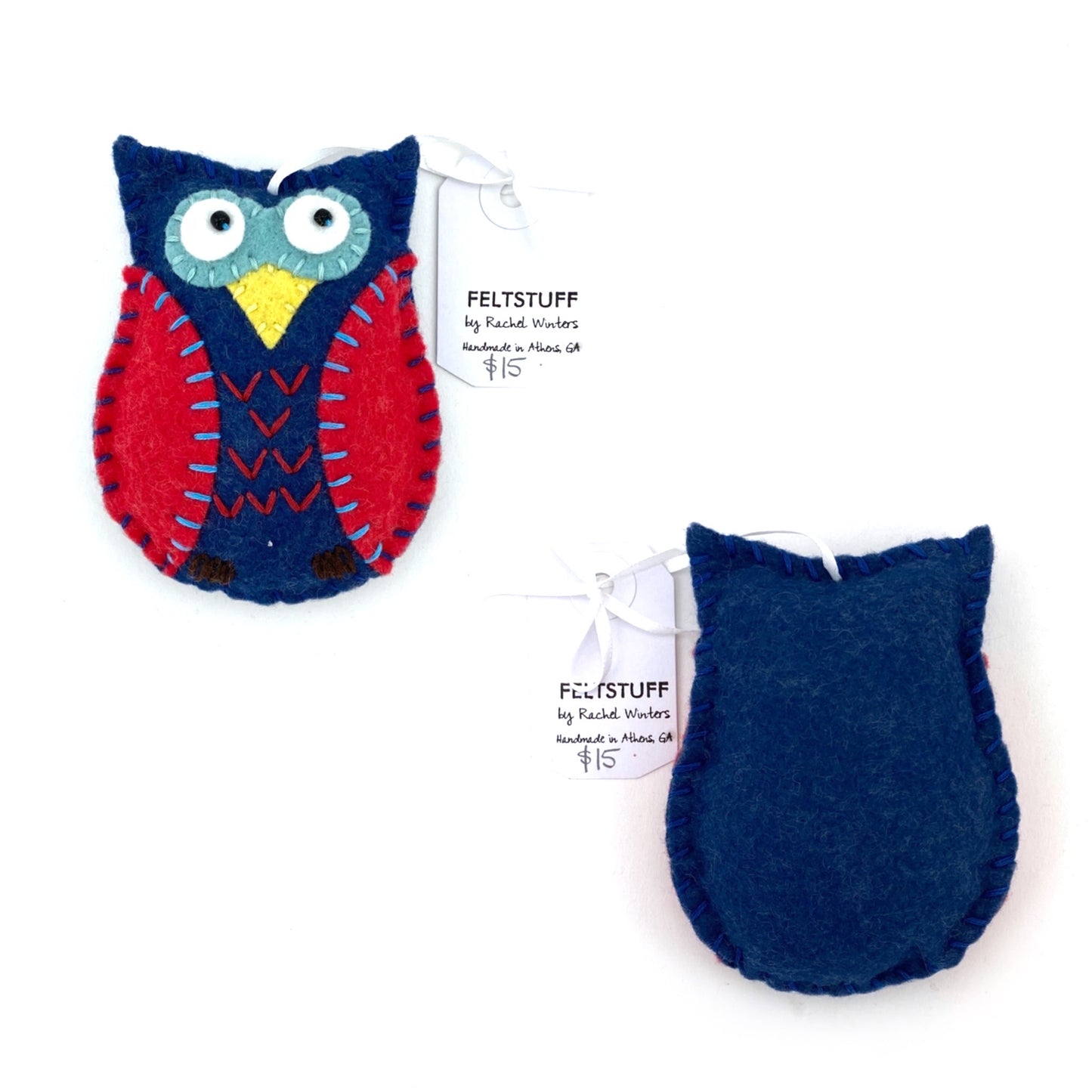 Felt Ornaments by FELTSTUFF - Blue and Red Owl by Felt Stuff - K. A. Artist Shop