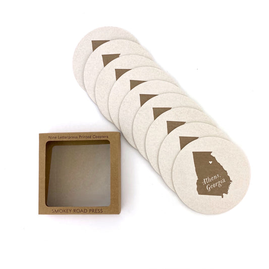 Smokey Road Press Athens, Georgia Set of 9 Letterpress Printed Coasters - by Smokey Road Press - K. A. Artist Shop