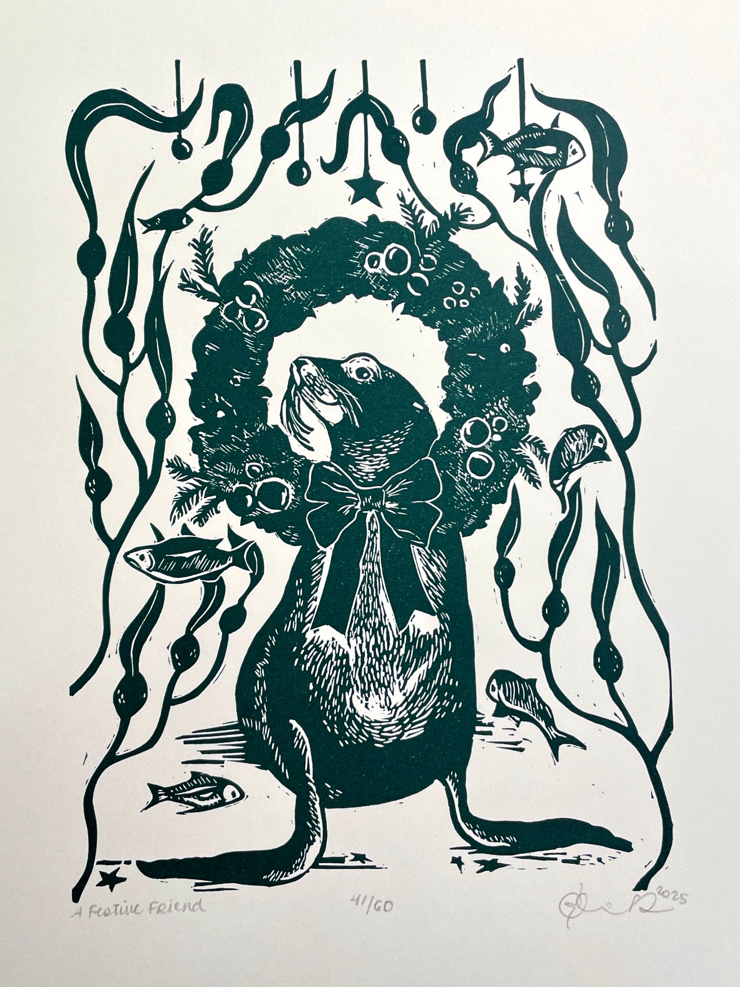 “A Festive Friend" Original Linocut Print by Olive Roberts