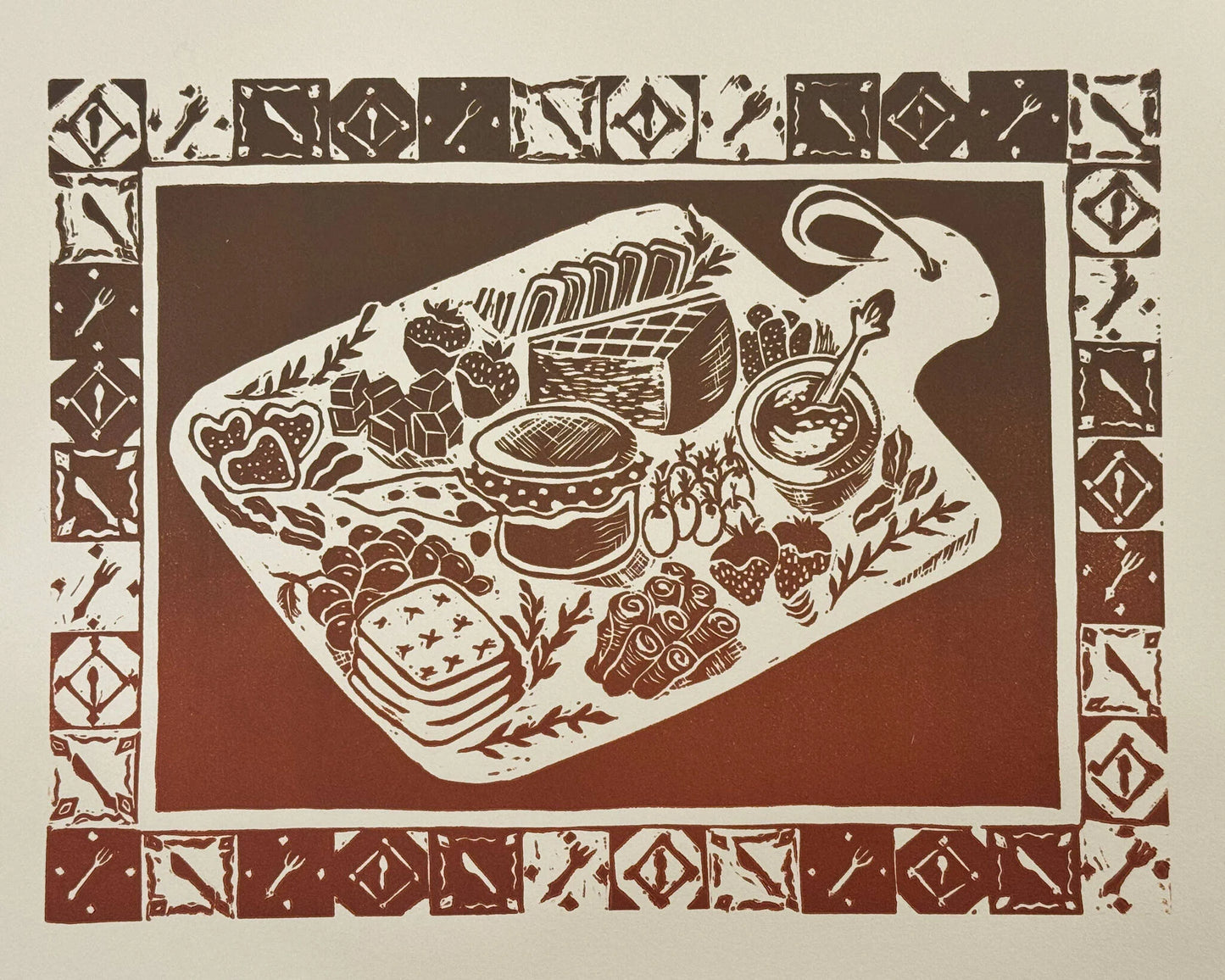 “Girl Dinner" Original Linocut Print by Olive Roberts