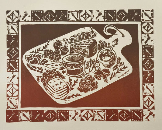 “Girl Dinner" Original Linocut Print by Olive Roberts