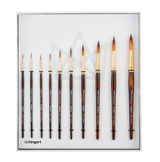 SPECIAL ORDER ITEM: KINGART® Finesse™ 8020 Ultra Round™ Series Kolinsky Sable Synthetic Blend Premium Watercolor Artist Brushes, Gift Box, Set of 10
