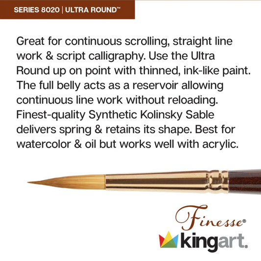 SPECIAL ORDER ITEM: KINGART® Finesse™ Premium 8020 Ultra Round™ Series Watercolor Artist Brushes, Synthetic Kolinsky Sable Blend