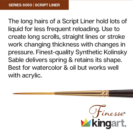 SPECIAL ORDER ITEM: KINGART® Finesse™ 8050 Script Liner Series Kolinsky Sable Synthetic Blend Premium Watercolor Artist Brushes