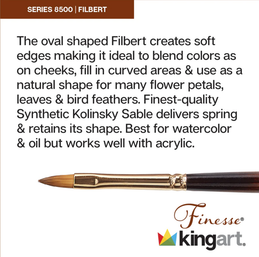 SPECIAL ORDER ITEM: KINGART® Finesse™ Premium 8500 Filbert Series Watercolor Artist Brushes, Synthetic Kolinsky Sable Blend