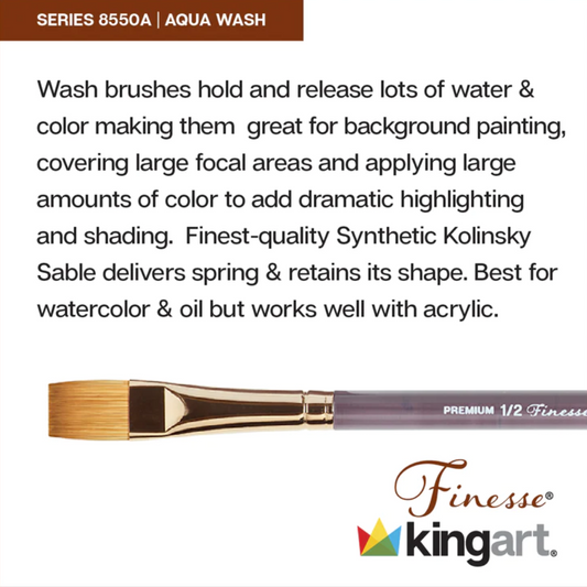 SPECIAL ORDER ITEM: KINGART® Finesse™ 8550A Premium Aqua Flat Wash Series Watercolor Artist Brushes, Synthetic Kolinsky Sable Blend