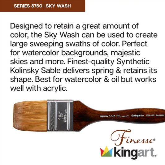 SPECIAL ORDER ITEM: KINGART® Finesse™ Premium 8750 Sky Wash Series Watercolor Artist Brushes, Synthetic Kolinsky Sable Blend