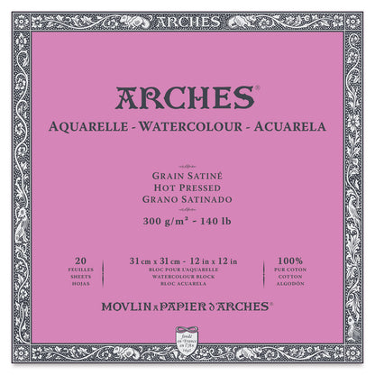 Arches Aquarelle Watercolor Block - Hot Press - 300 gsm - 12 x 12 inches by Arches - K. A. Artist Shop
