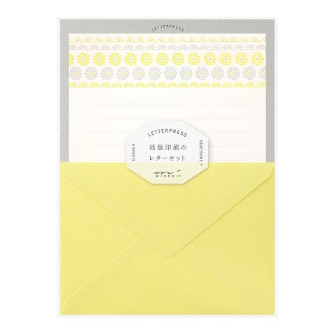 Midori Letterpress Sets w/ Stationery Papers and Envelopes - Flower Line Yellow (Set 477) by Midori - K. A. Artist Shop