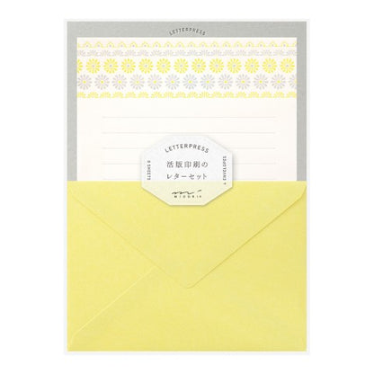 Midori Letterpress Sets w/ Stationery Papers and Envelopes - Flower Line Yellow (Set 477) by Midori - K. A. Artist Shop