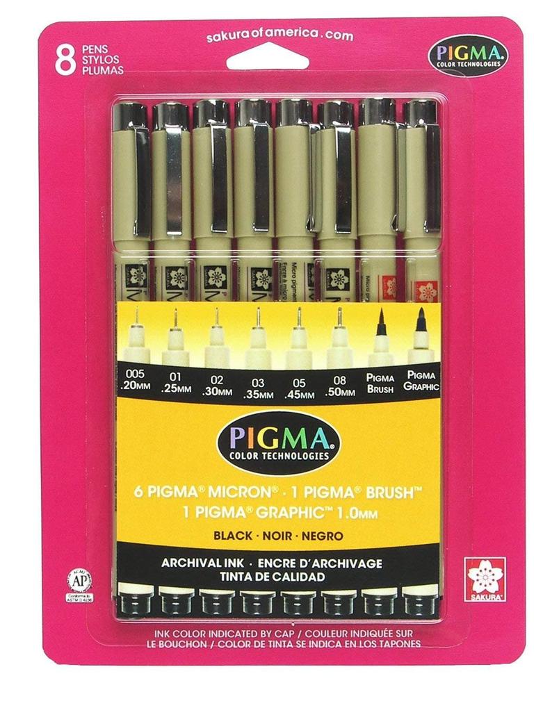 Pigma Micron Pen Sets - Black - 8 pack (005, 01, 02, 03, 05, 08, Brush, Graphic 1) by Sakura - K. A. Artist Shop