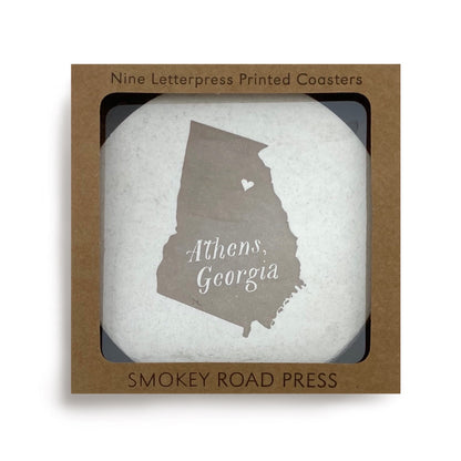 Smokey Road Press Athens, Georgia Set of 9 Letterpress Printed Coasters - by Smokey Road Press - K. A. Artist Shop