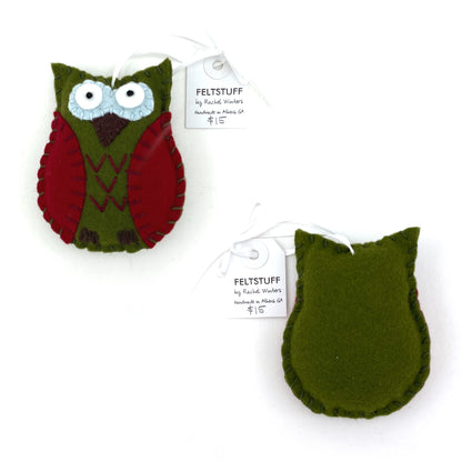 Felt Ornaments by FELTSTUFF - Green and Red Owl by Felt Stuff - K. A. Artist Shop